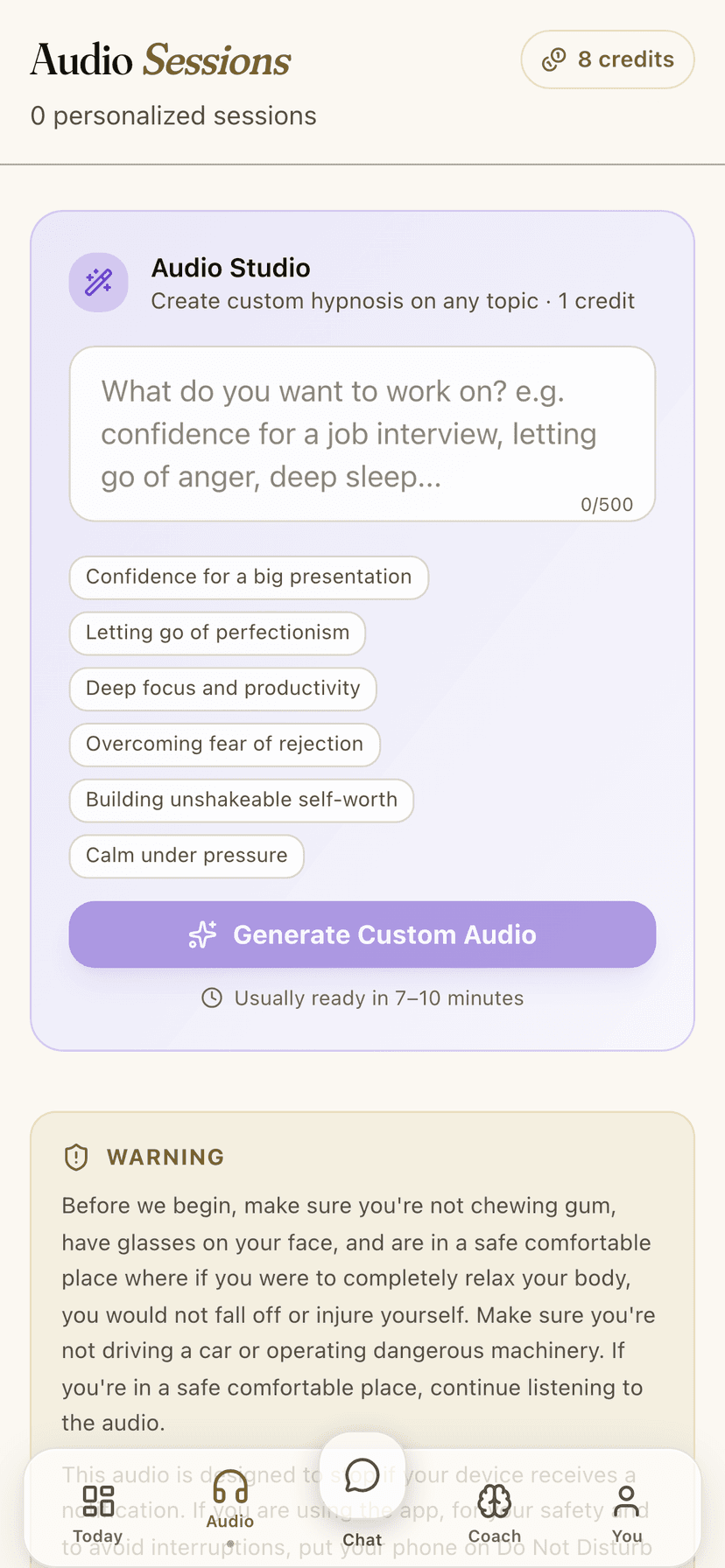A hypnosis session built from the exact words you said.